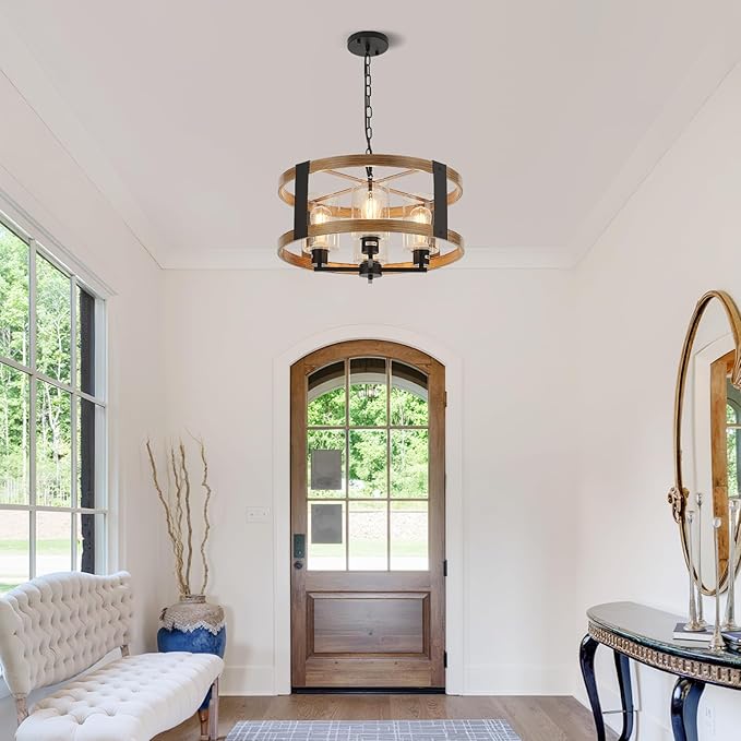 Farmhouse Chandelier, 20" Rustic Light Fixture with Glass Shade 4-Light Drum Lighting Fixtures Retro Pendant Lamp for Dining Room Foyer Living Room Entrance Kitchen Island Bedroom