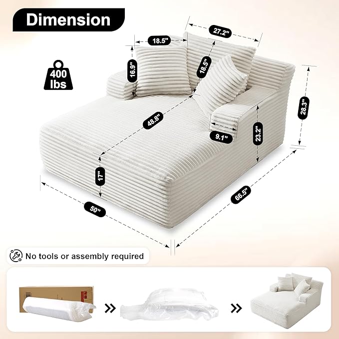 Boneless Couch Sofa Chiar Chaise Lounge Chair Indoor Upholstered Corduroy Couch Cloud Sleeper Sofa Oversized Reading Chair for Living Room No Assembly Required (White, 50" W x 67" D)