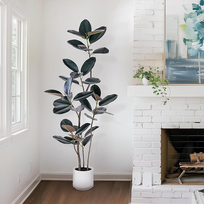 Artificial Rubber Tree - 6 FT Tall Fake Tree with Pot - Large Artificial Plants Indoor, Lifelike Branches & Foliage - Faux Plants Indoor for Home Office Living Room Floor Patio Greening