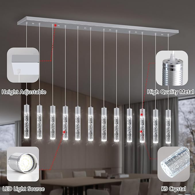 12-Lights Modern Crystal Chandeliers LED Pendant Light for Kitchen Island Dining Room Entrance Foyer Living Room Silver