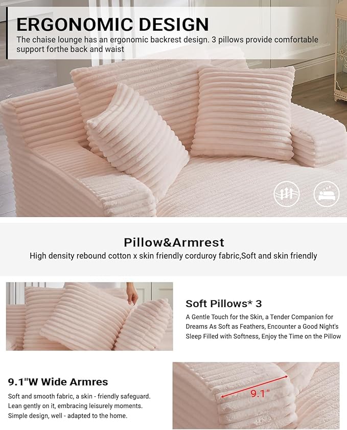 Oversized Chaise Lounge, Corduroy Sofa Bed Chair Indoor with Throw Pillows, Cozy Cloud Couch, Upholstered Sleeper Sofa Couch for Living Room, Bedroom, Apartment, Light Gray