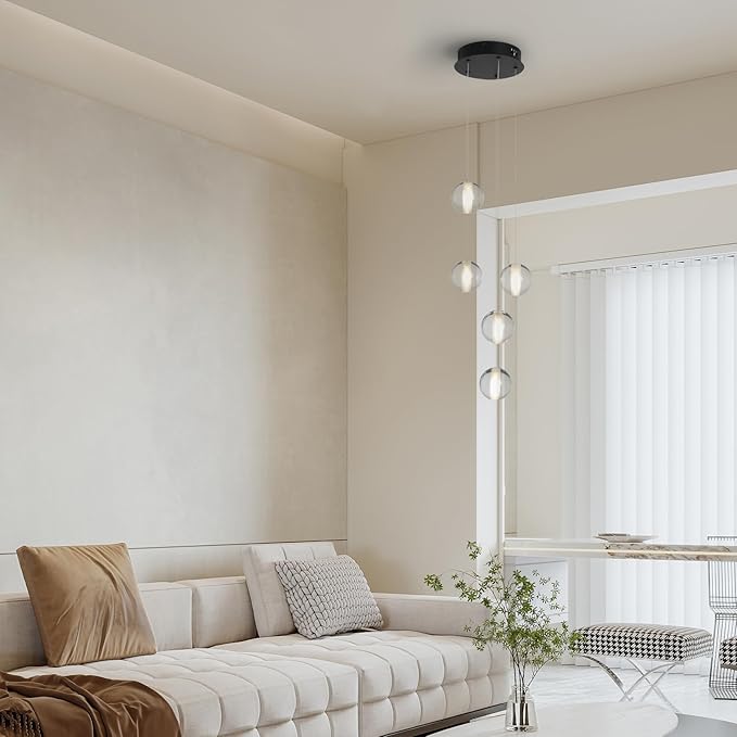 Modern Black 5 Lights Crystal LED Chandelier Raindrop High Ceiling Cluster Pendant Light Crystal Ball Hanging Lighting for Living Room Staircase Entryway Foyer Dining Room, H118" including Bulbs