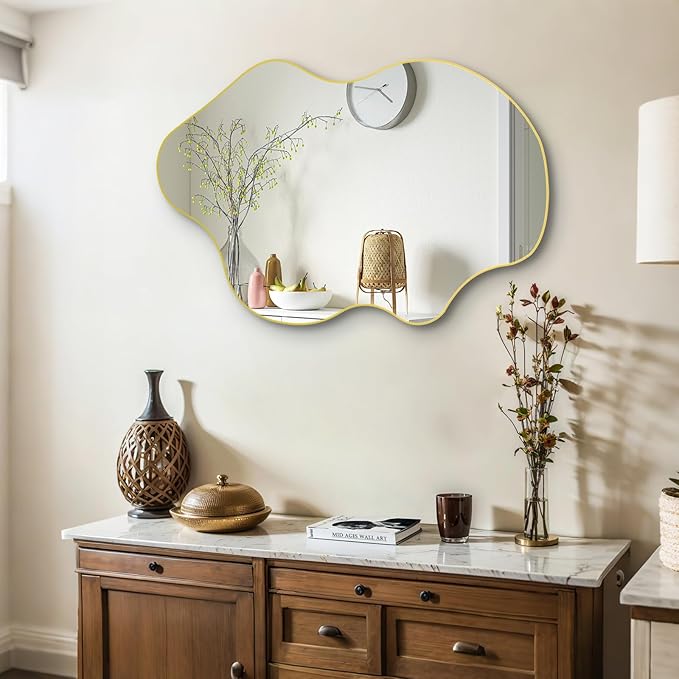 Gold Irregular Mirror, Asymmetrical Wall Mirrors, 31.5"x23.6" Waved Shaped Mirror, Modern Frameless Decorative Mirrors for Living Room Bathroom Bedroom Hallway Entryway Fireplace