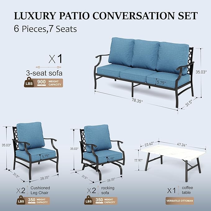 HERA'S HOUSE 6 Piece Patio Furniture Set, 2 x Rocking Chair, 2 x Fixed Chair, 1 x 3-Seat Sofa with Marbling Coffee Table, All Weather Outdoor Conversation Set for Lawn Garden Backyard, Navy Blue