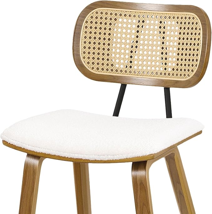 Counter Height Bar Stools, Mid Century Modern Counter Stools, 26" Wood Kitchen Stool Boucle Fabric Upholstered Barstool with Rattan Back, Counter Height Island Dining Bar Chair, White