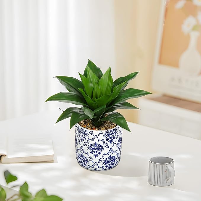 Briful Agave Plants Artificial Succulents Fake Plant in Blue Vase, 10.6'' Tall Realistic Faux Plant Indoor for Home Decor Living Room Kitchen Centerpiece Table