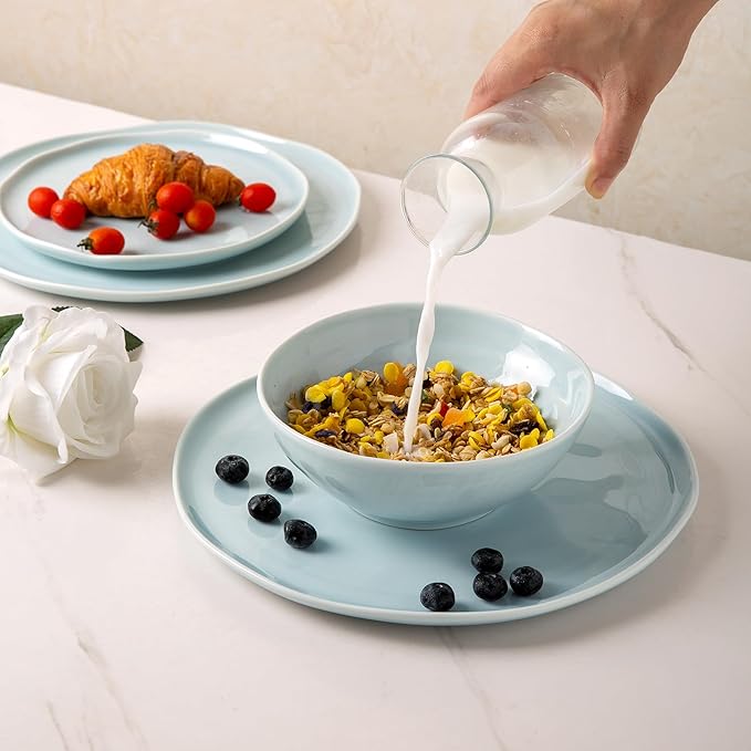 LERATIO Ceramic Dinnerware Sets for 4,Porcelain Plates and Bowls Sets with Wavy Edge,Microwave & Dishwasher & Oven Safe,Light Weight & Scratch Resistant Dishes Sets-Service for 4 (12pcs)-Light Blue