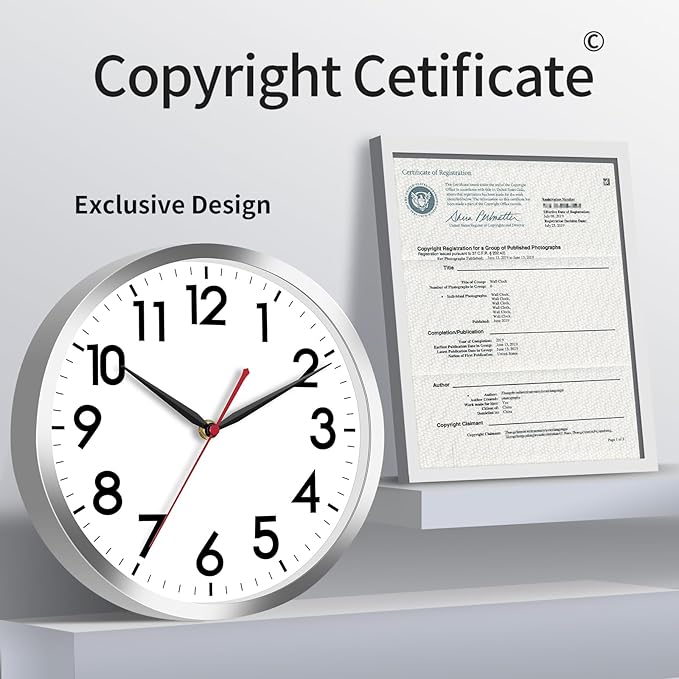 AKCISOT Wall Clock 12 Inch Silent Wall Clocks Battery Operated Non Ticking - Modern Silver Clock Decorative for Kitchen, Bathroom, Bedroom, Living Room, Office, Home