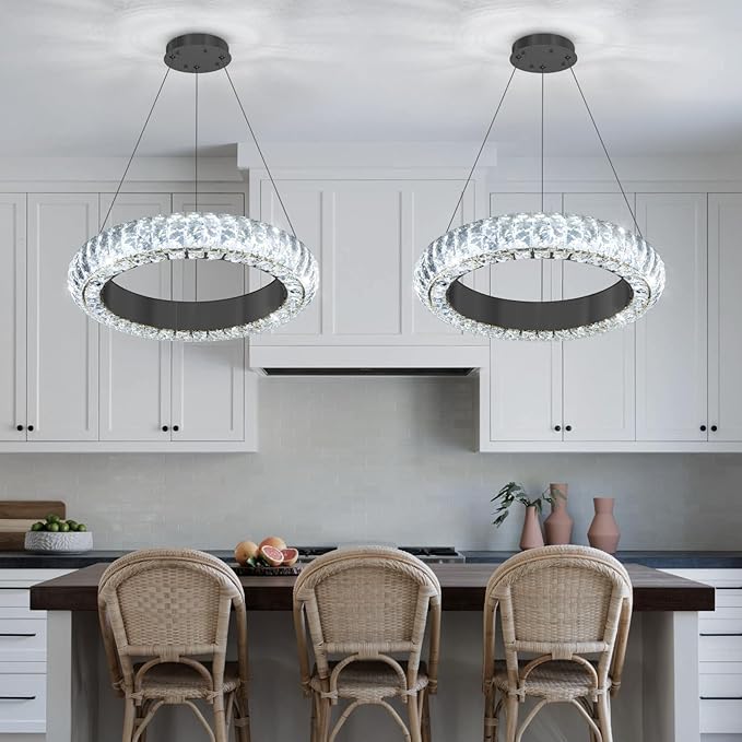 16" Ring Modern LED Dimmable Crystal Chandelier Adjustable Height Pendant Light Round Crystal Chandelier Light Fixtures for Dining Room Living Room Kitchen Island Black
