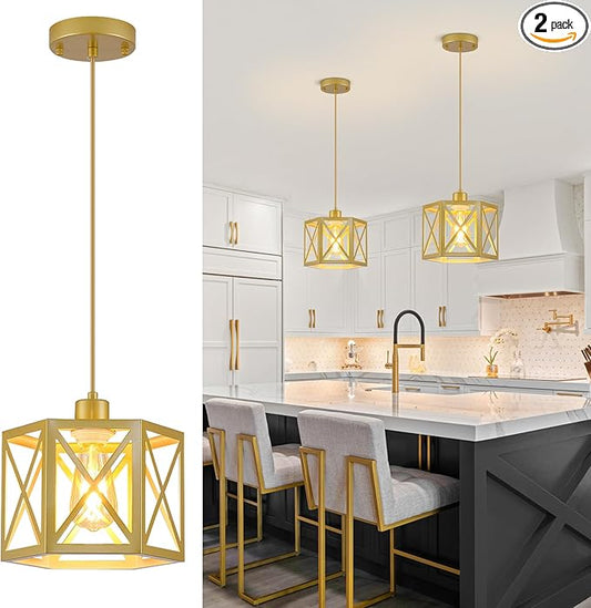 2 Pack Gold Pendant Lights, Modern Farmhouse Hanging Light Fixture with Hexagonal Cage, Vintage Brass Metal Ceiling Lights, Adjustable Lantern Pendant Lighting for Kitchen Island Sink Hallway