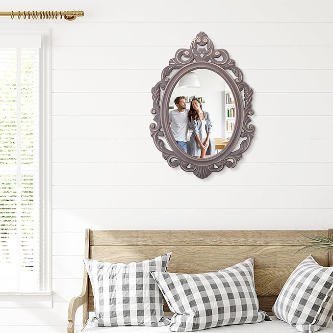 Hanging Wall Mirror Wall Decor Vintage Brown Antique Oval Carved Wood Frame Bathroom Mirror Vanity Rustic Wall Mounted Mirrors Decorative Farmhouse Mirrors for Bedroom Living Room 20"x16"