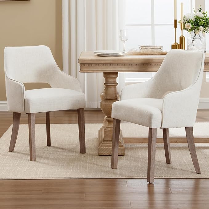 Farmhouse Dining Chairs Set of 2 Linen Kitchen Chairs with Arm Upholstered Accent Side Chair w/Wood Legs for Living Room/Dining Room/Bedroom/Restaurant, Upgraded Size, Cream