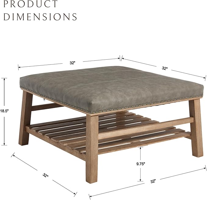 Large Square Coffee Table with Storage,Modern Faux Leather Ottoman Coffee Table,Luxury Upholstered Couch Table for Living Room/Sofa/Bedroom,Grey