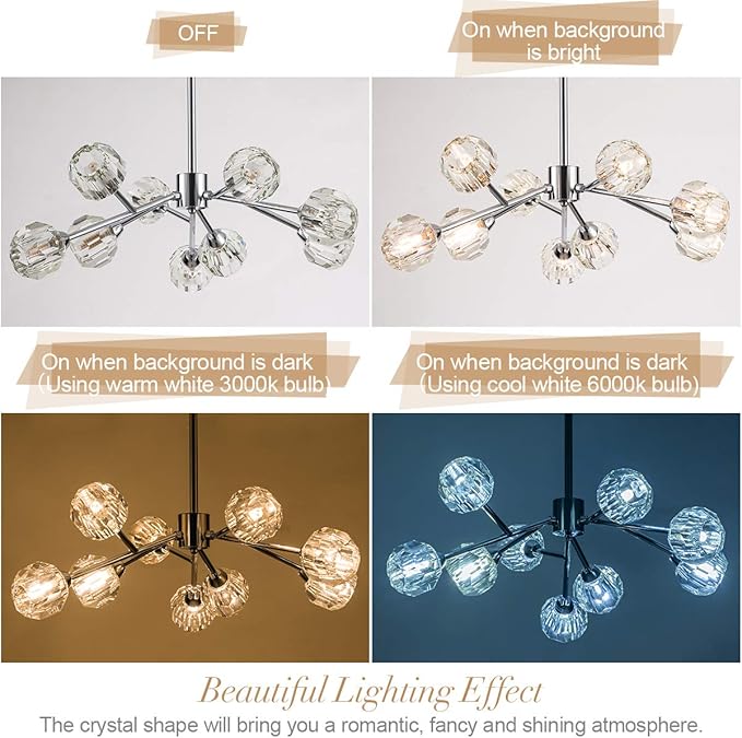 Sputnik Chandeliers for Dining Room Light Fixture Over Table, Modern Crystal Chandeliers, 9 Lights Chrome Lighting Fixtures for Living Room Bedroom Kitchen Island Bar