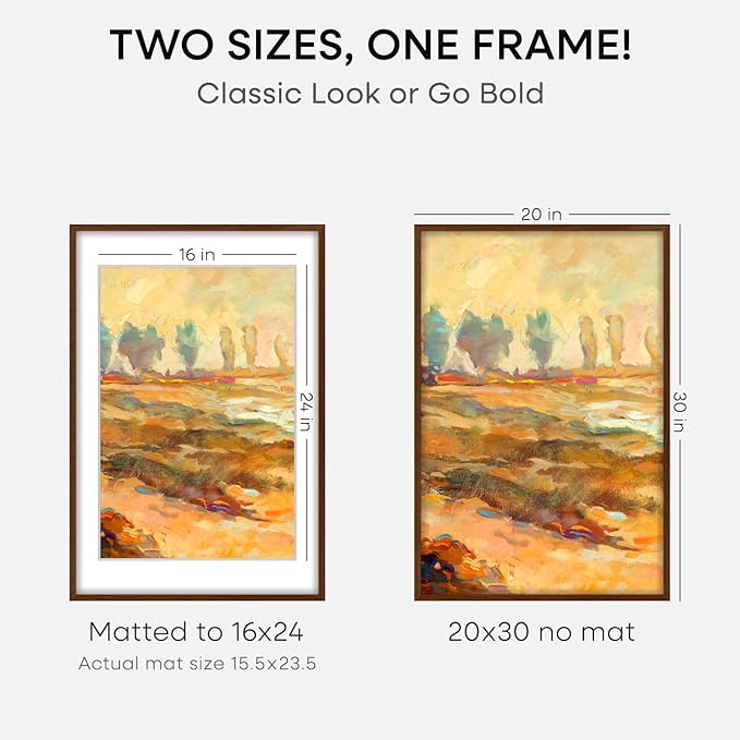 Homeforia 20 x 30 Walnut Frame, High End Dark Oak 20x30 Wooden Poster Frames with Mat 16x24, 20 x 30 Brown Wood Picture Frame Matted to 16 x 24, 30x20 Hanging Frame, Tempered Glass, Wall Kit, Set of 1