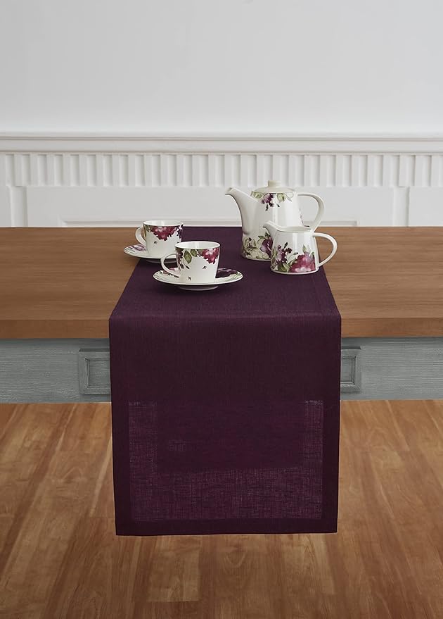 Solino Home Linen Chambray Burgundy Table Runner 156 Inches Long - Athena, 100% Pure Linen 14 x 156 Inch Table Runner for Fall, Autumn, Thanksgiving