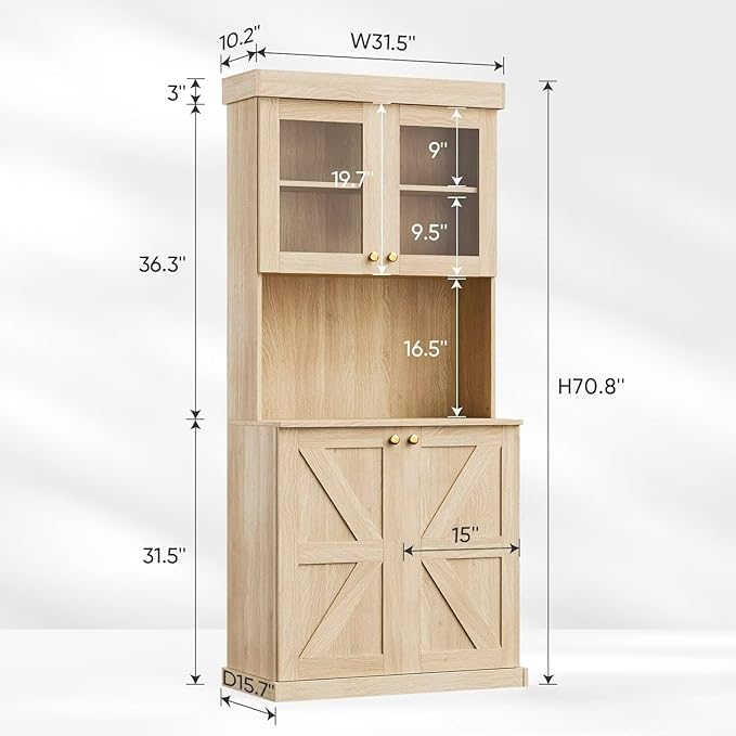 Vyre 71" Farmhouse Kitchen Pantry Cabinet Set of 3, Brown Freestanding Coffee Bar Hutch with Glass Doors & Adjustable Shelves, Large Storage Cabinet with Microwave Stand for Living Room & Kitchen