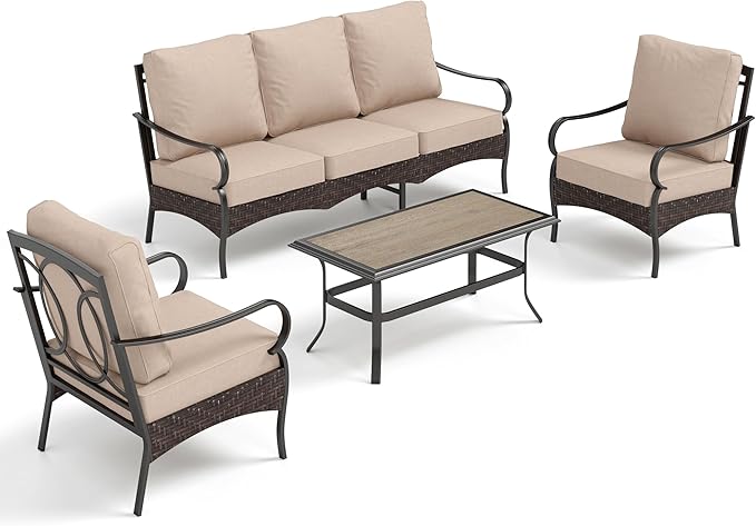 PHI VILLA Outdoor Modern Patio Furniture Set, Upgraded Wicker&Metal Patio Furniture Conversation Set with Waterproof Thick Cushions for Porch, Poolside, Deck, and Yard (4 Pieces,Beige)