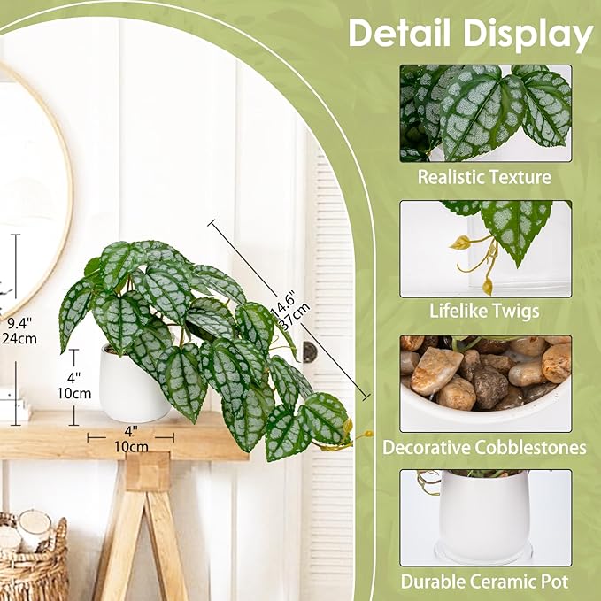 DILATATA Fake Plants Indoor 8 Inch Artificial Watermelon Plant in White Ceramic Pot - Faux Potted Pothos Plant for Home Aesthetic Decor Living Room Shelf Office