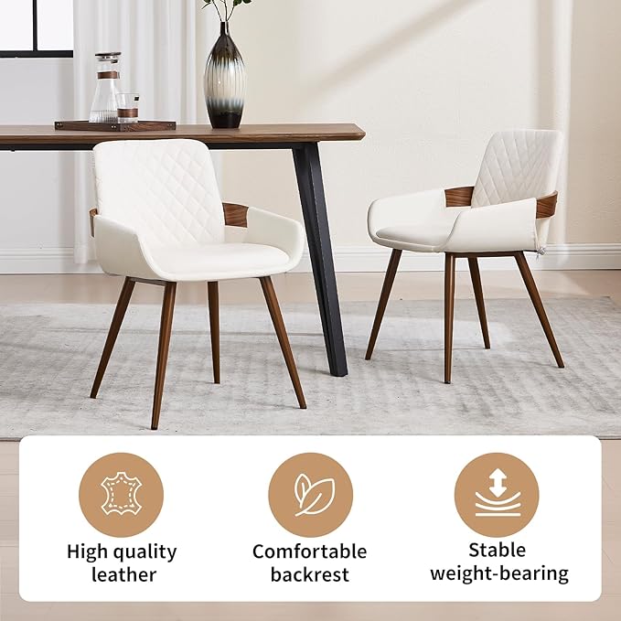 Mid Century Modern Dining Chairs Set of 2 - Faux Leather Dining Room Chairs, Upholstered Kitchen Chair with Arms and Metal Legs - Beige