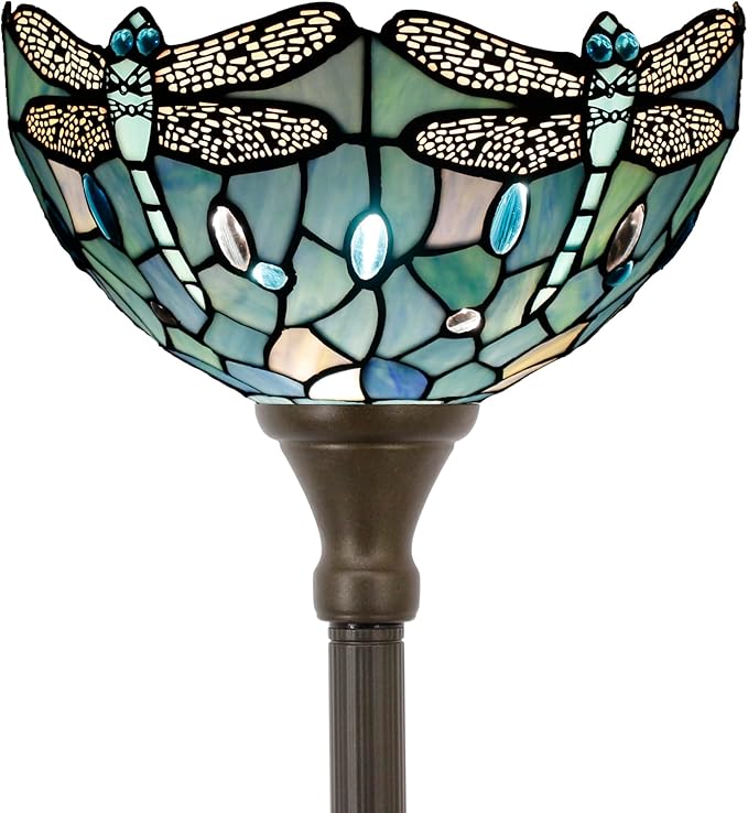 Tiffany Floor Lamp Sea Blue Torchiere Stained Glass Dragonfly Style Torch Lamp 12X12X67 Inch Antique Standing Corner Light
