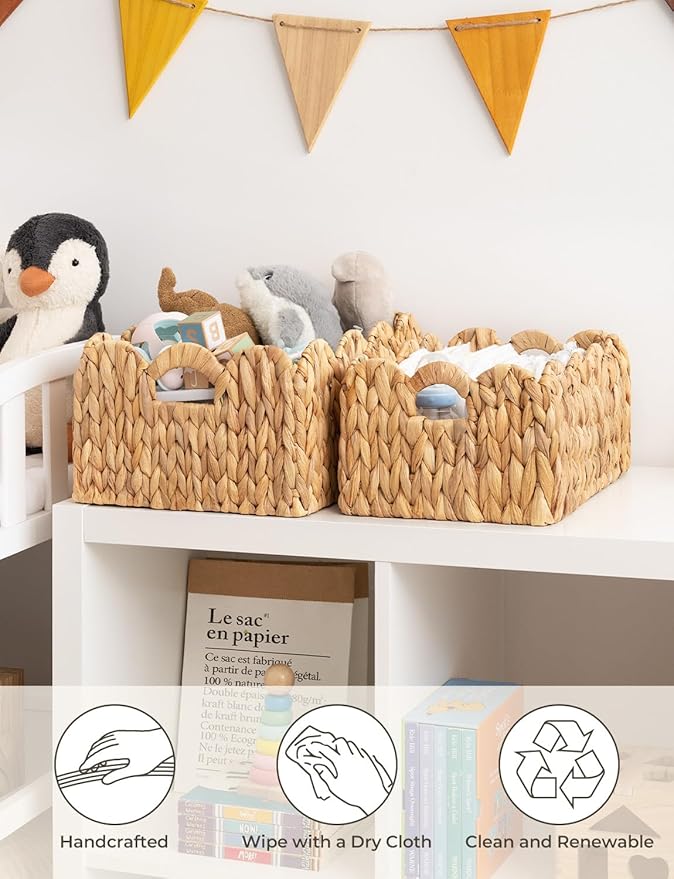 StorageWorks Scalloped Edge Wicker Basket, Hand-woven Rattan Baskets with Built-in Handles, Water Hyacinth Basket for Organizing and Decor, 2 Pack