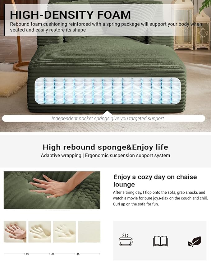 Oversized Chaise Lounge, Corduroy Sofa Bed Chair Indoor with Throw Pillows, Cozy Cloud Couch, Upholstered Sleeper Sofa Couch for Living Room, Bedroom, Apartment, Green