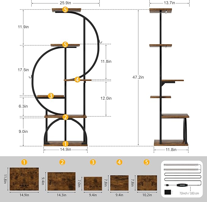 Plant Stand Indoor with Grow Lights - 6 Tiered Indoor Plant Shelf, 47.2" Metal Corner Plant Stands for Indoor Plants, Dual-arc Shape Plant Rack Display for Indoor Plants Multiple, Flower Holder for Living Room Patio Balcony Décorack