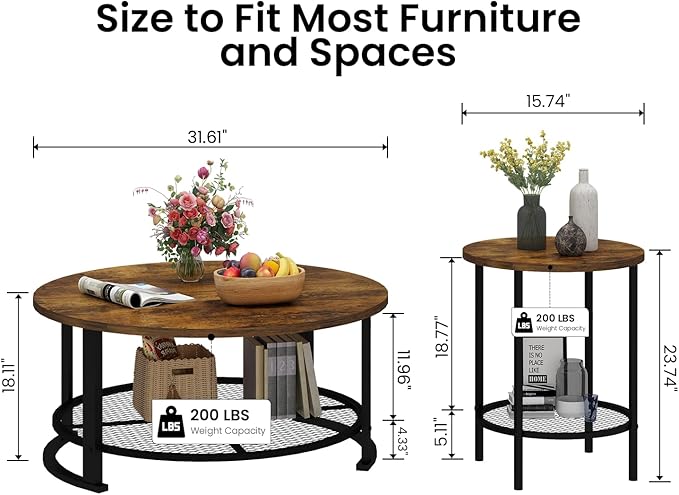 Recaceik Round Coffee Table and End Table Set of 3 with Storage, Modern Vintage Dark Brown Coffee Table and Side Table for Living Room, Office, Apartment, Small Space