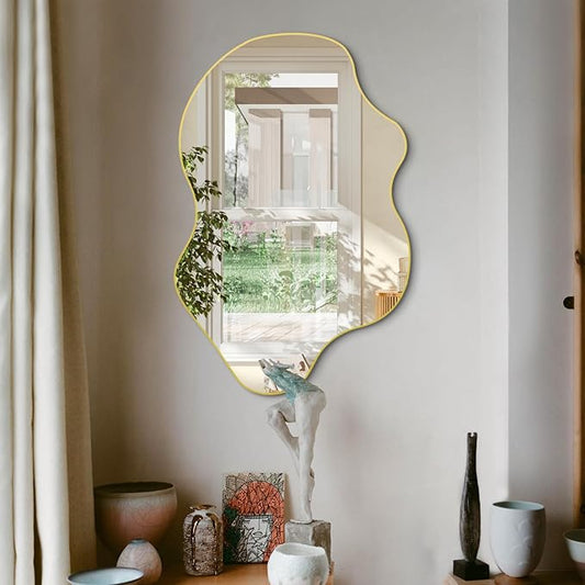 Gold Irregular Mirror, Asymmetrical Wall Mirrors, 31.5"x23.6" Waved Shaped Mirror, Modern Frameless Decorative Mirrors for Living Room Bathroom Bedroom Hallway Entryway Fireplace
