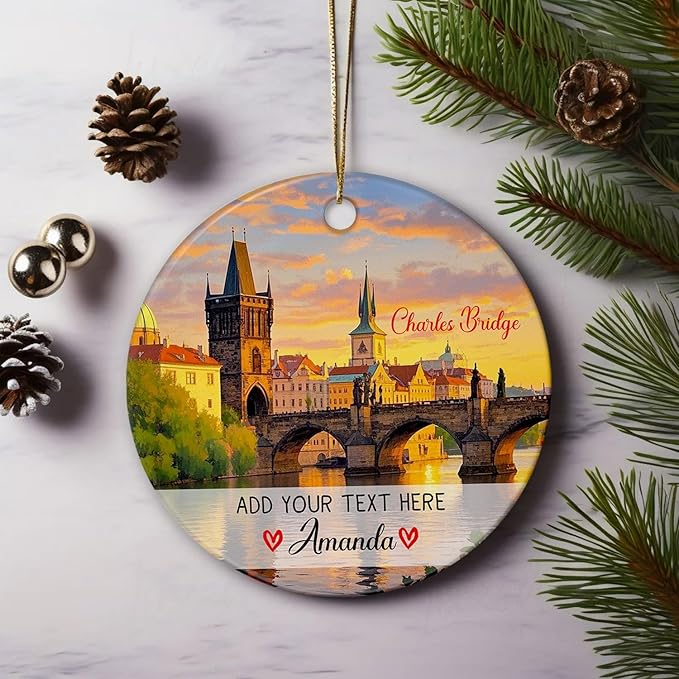 Personalized Charles Bridge Praha Ceramic Christmas Ornament 2025, Personalized Czech Republic Vacations Keepsake Ornament Gift for Traveller Friends, Custom Text/Name Praha Czech Trip Ornaments Xmas