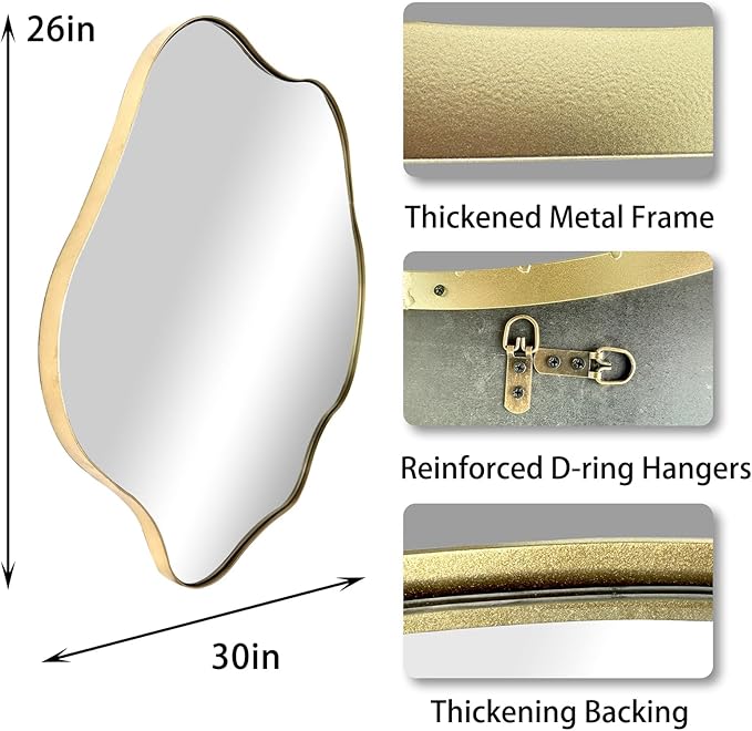 Gold Irregular Mirror, Scalloped Rounded Mirror, 30"x26.8" Asymmetrical Wall Mirrors, Wavy Decorative Mirrors for Living Room Bathroom Bedroom Hallway Entryway Fireplace