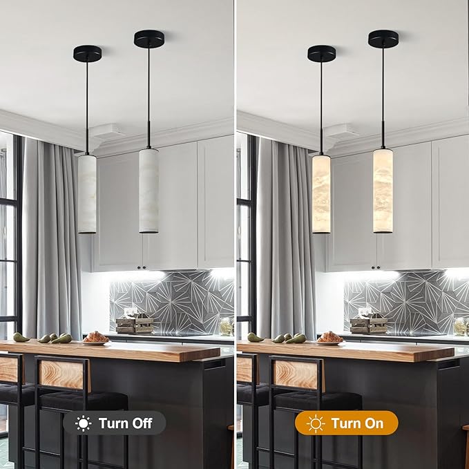 LMQNINE Natural Alabaster Pendant Lights for Kitchen Island White Marble Long Tube Chandelier Modern Black Ceiling Light Fixtures for Bedroom Dining Room Table Living Room Hallway(S-3Pack)