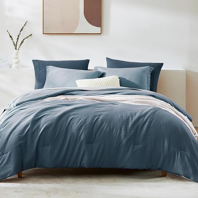 WRENSONGE King Size Comforter Set- 7 Pieces Soft Oxford Blue Bed in a Bag King with Fitted Sheet, Flat Sheet, 2 Pillow Shams, and 2 Pillowcases-Warm King Bedding Set for All Season
