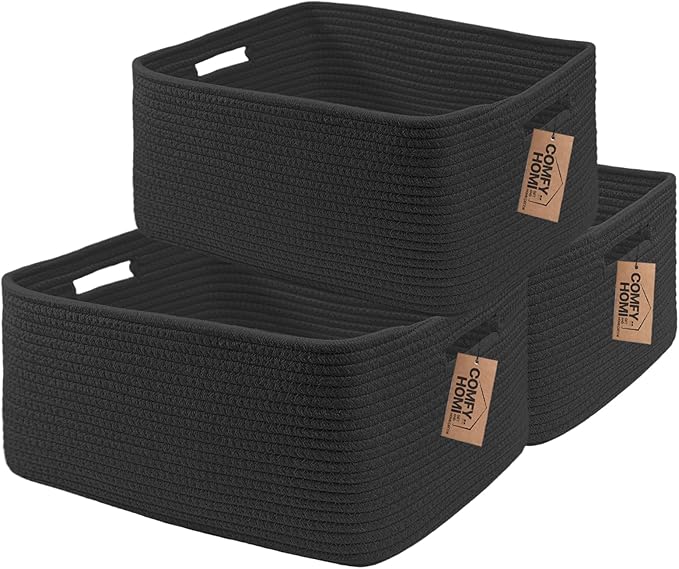 COMFY-HOMI 3 pcs Large Storage Baskets for Shelves, Laundry Basket, Woven Rope Basket, Closet Organizer Bins for Clothes Blanket Towels, Baby Nursery, Gift Toy Baskets, 17” x 13” x 7.5”-black