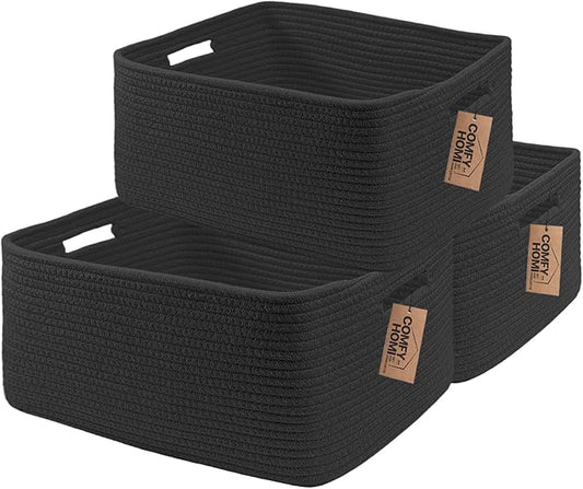 COMFY-HOMI 3 pcs Large Storage Baskets for Shelves, Laundry Basket, Woven Rope Basket, Closet Organizer Bins for Clothes Blanket Towels, Baby Nursery, Gift Toy Baskets, 17” x 13” x 7.5”-black
