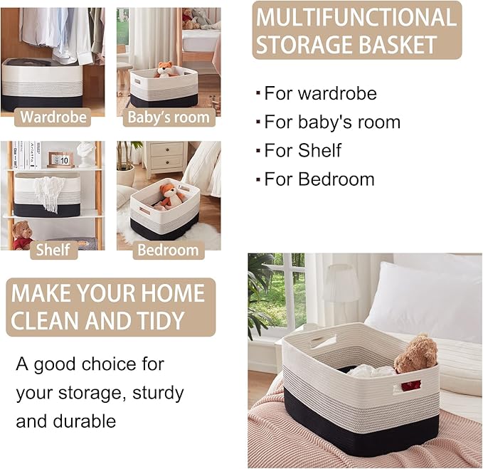 OIAHOMY Large Blanket Basket, 22”x17”x12” Rectangle Woven Baskets, Nursery Blanket Storage Living Room, Toy Storage With Handle, Large Baskets for Organizing-Gradient Black