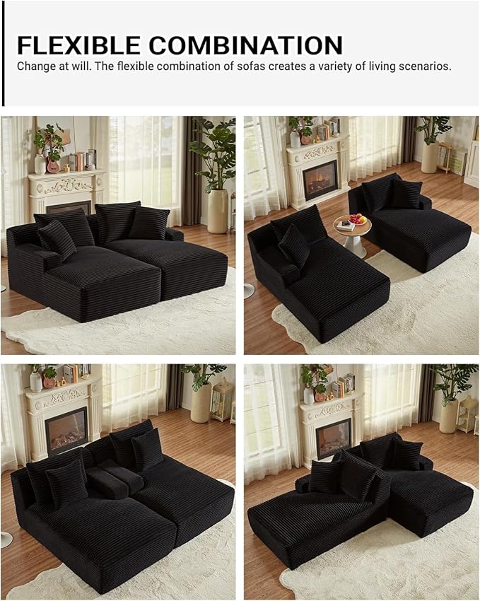 Oversized Double Chaise Lounge, Corduroy Boneless Couch, Modern Oversized Chaise Lounge, Upholstered Sleeper Sectional Sofa Daybed with Throw Pillows and Armrest for Living Room, Black