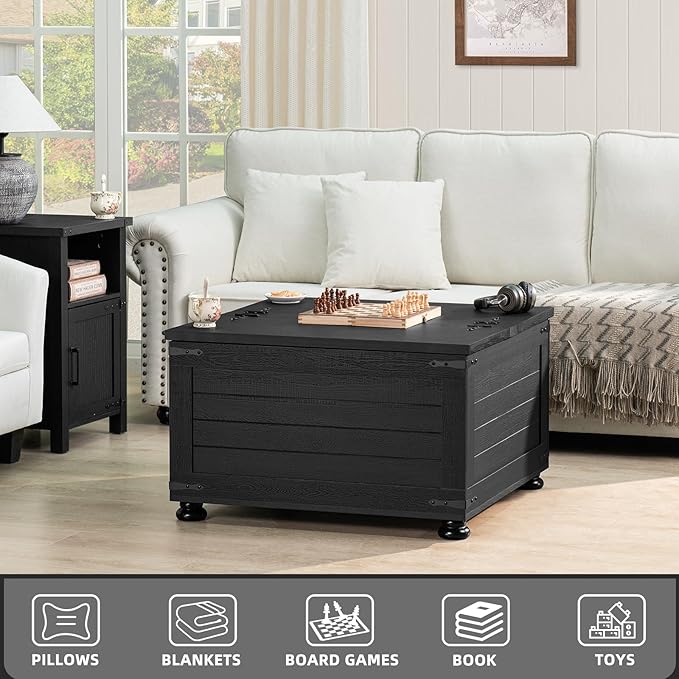 Farmhouse Coffee Table with Hidden Storage,Wood Square Center Table for Living Room, Large Rustic Cocktail Tables with Flip-Top Lids, Farm House Tables with Wooden Gourd Feet,Natural Black