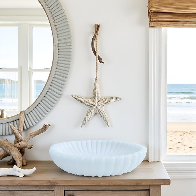 15" Large Decorative Bowl decor , Scalloped Decorative Bowls for Modern Home Decor,Ruffle Decor,Stylish Key Bowl for Entry Table,Decorative Fruit Bowl for Kitchen Counter,Artificial Stone Milky white