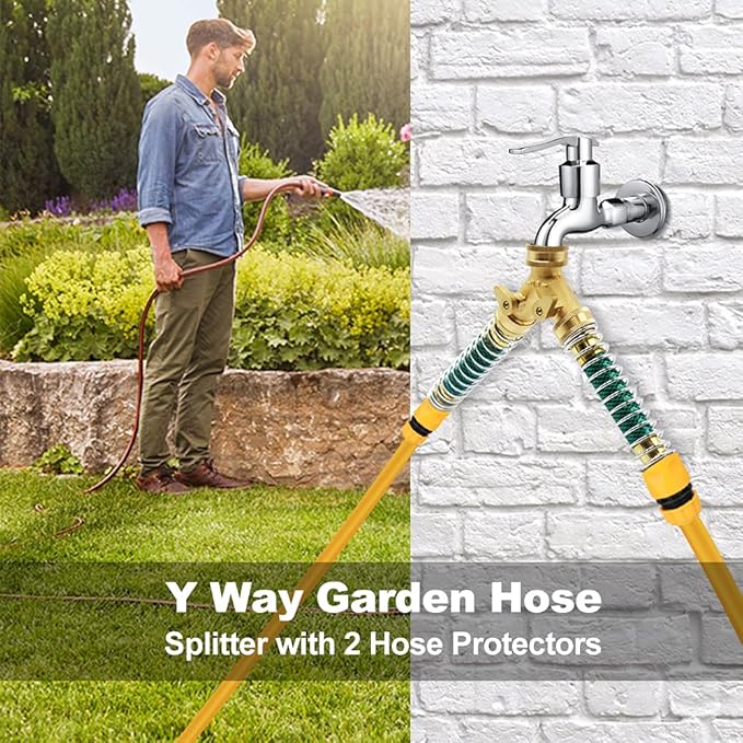 Brass Garden Hose Splitter 2 Way, All Body Metal Heavy Duty Water Splitter Y Way with 2 Hose Protectors Kink Free Hose Extension 10 Rubber Washers