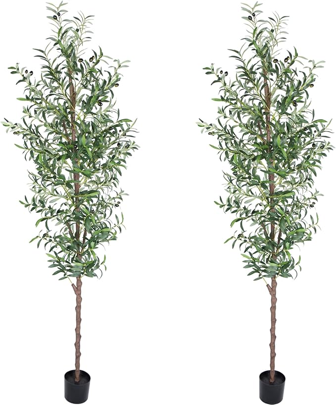 Faux Olive Tree 8FT，Olive Trees Artificial Outdoor Trunk and Realistic 1574 Leaves and 48 Fruits 8 Feet(96in) Fake Olive Tree for Modern Home Decor Indoor 2Pack