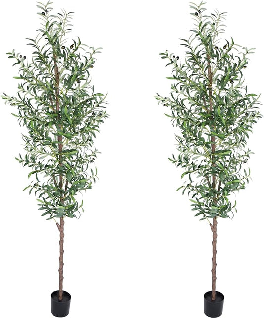 Faux Olive Tree 8FT，Olive Trees Artificial Outdoor Trunk and Realistic 1574 Leaves and 48 Fruits 8 Feet(96in) Fake Olive Tree for Modern Home Decor Indoor 2Pack