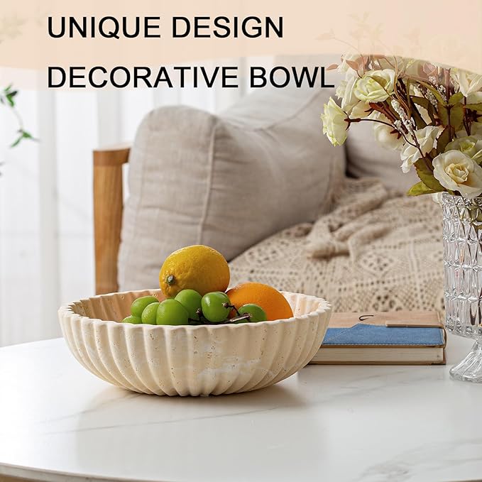 Large Decorative Fruit Bowl for Kitchen Counter, Travertine Stone Look Modern Minimalist Snack Candy Bowl for Table Centerpiece Decor, Home, Office, Hotel, Entryway (Yellow)