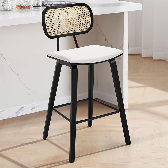 Counter Height Bar Stools, 26" PU Leather Upholstered Rattan Barstools, Mid Century Modern Bar Chairs with Black Wood Legs, Armless Walnut Kitchen Island Dining Bar Chair, White