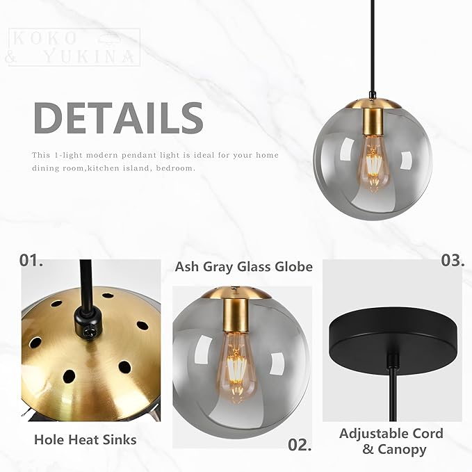 KoKo&Yukina 10 Inch Pendant Light Glod Globe Pendant Lights Kitchen Island Mid Century Light Fixture Adjustable Globe Cluster Lights with Grey Glass Shade for Dining Room Living Room