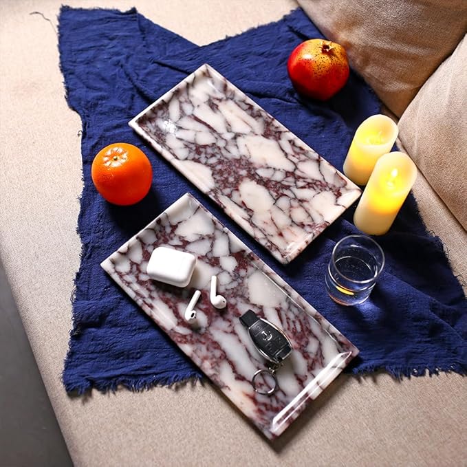 Natural Marble Tray, Coffee Table, Food, Fruit, Paper Cup, Cake Display, Coffee bar, Family Gatherings, Seasonal Holiday Decoration Tray(Viola-rectangle-11 x5 x0.7)