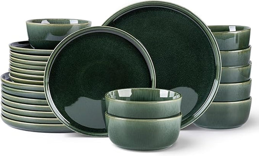 GBHOME Ceramic Dinnerware Sets for 8, 24 Pieces Stoneware Plates and Bowls Sets, Reactive Glaze Dishes -Scratch Resistant, Dishwasher&Microwave Safe, Earth Green