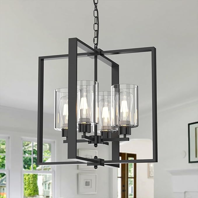 4-Light Farmhouse Chandelier Light Fixture, 18in Black Dining Room Chandeliers with Glass Shade Modern Lighting Fixtures Ceiling Pendant Lamp for Kitchen Island Entrance Foyer Living Room