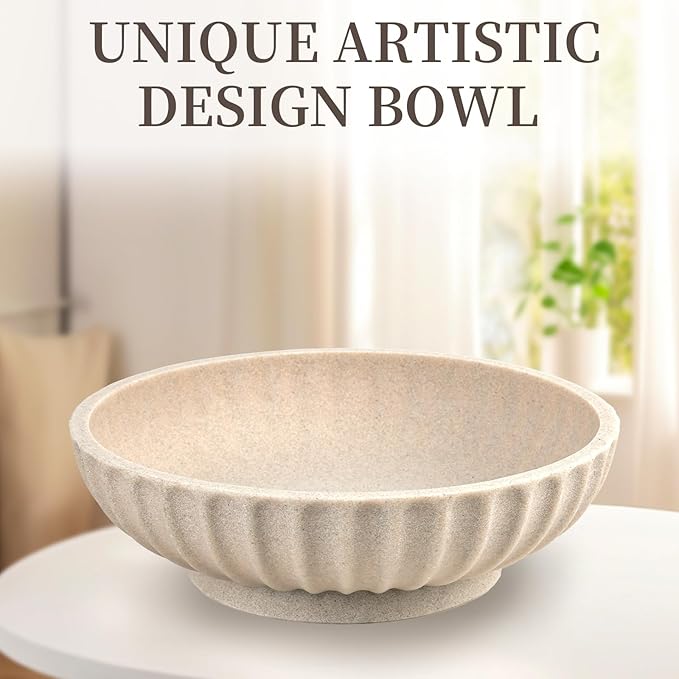 Large Decorative Bowl - Fruit Bowl for Kitchen Counter - Modern Decorative Bowl for Home Decor,Key Bowl for Entryway Table - Artificial Stone Beige